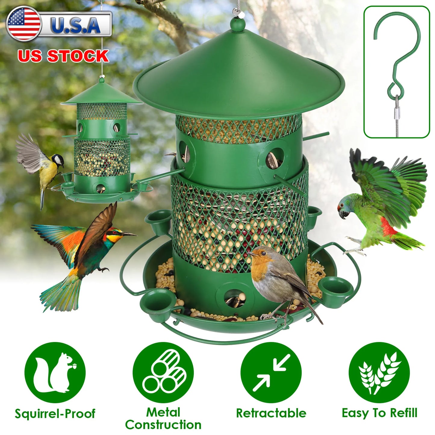 Linx Group Bird Feeder Retractable Hanging Squirrel Resistant Metal