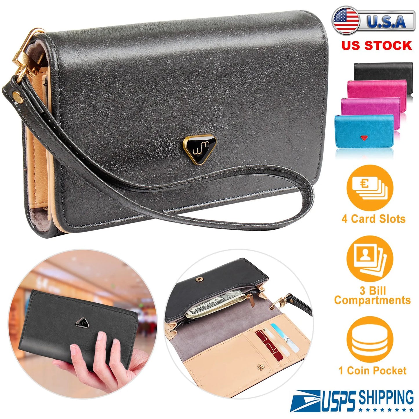 Women Wristlet Wallet PU Leather Lady Purse Credit Card Holder