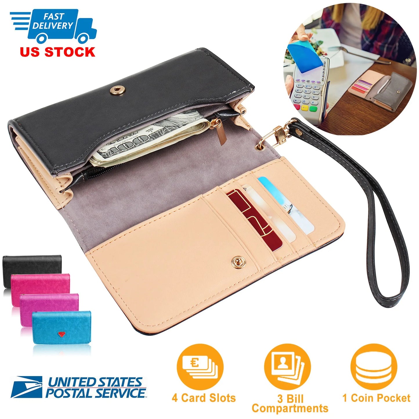 Women Wristlet Wallet PU Leather Lady Purse Credit Card Holder