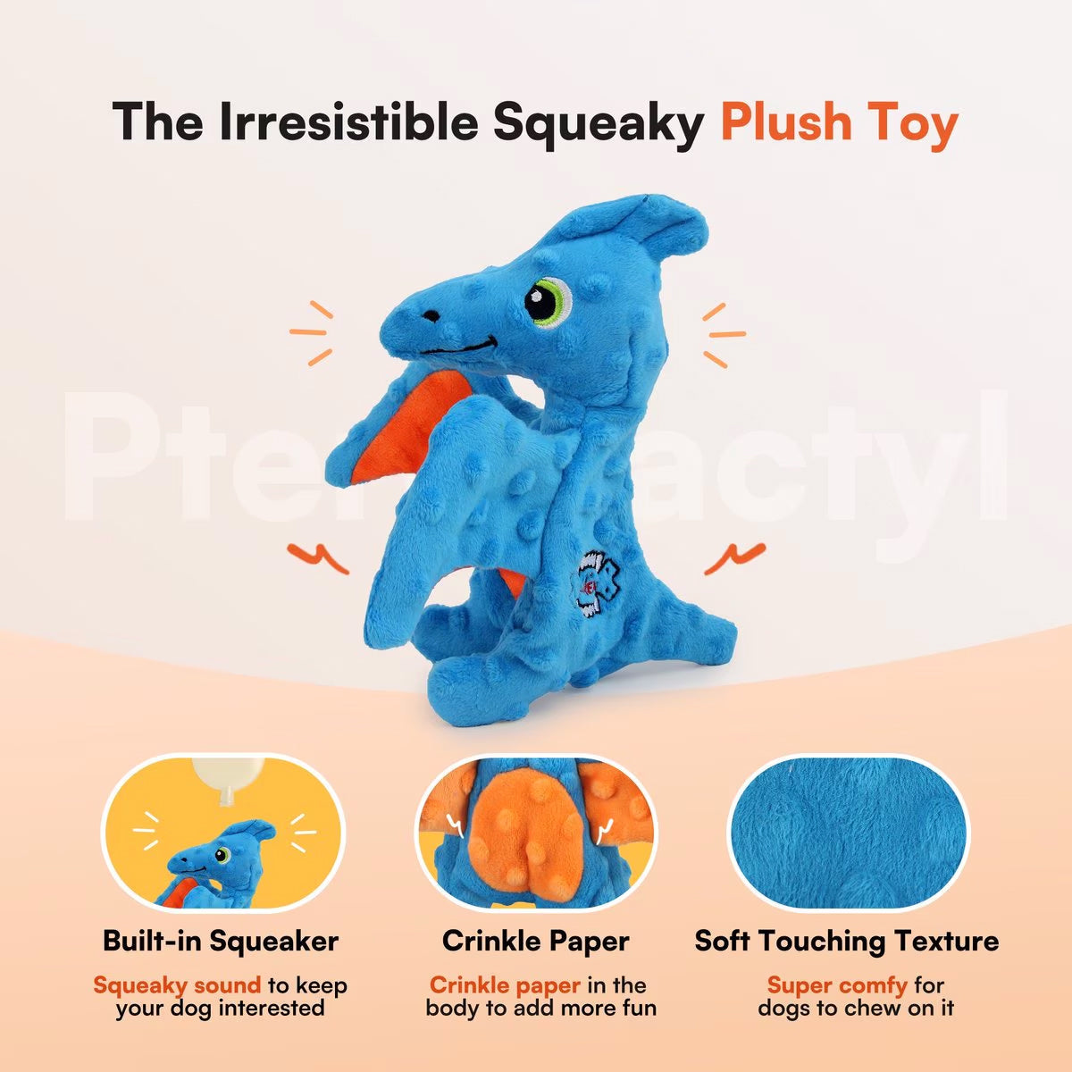 My T-Rex - Squeaky Dog Toys - Peter The Mini Pterodactyl Plush Dog Toy with Crinkle Paper - S