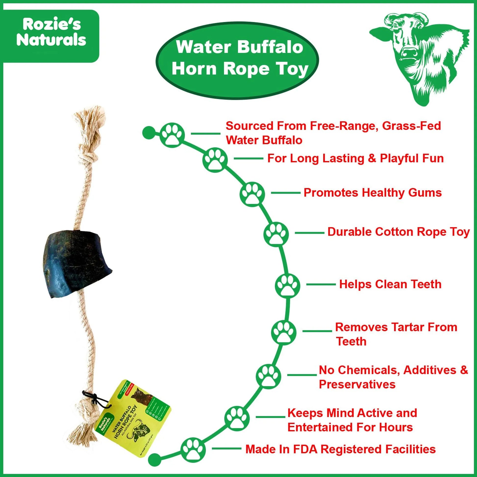 WATER BUFFALO HORN ROPE TUG TOY-100% Cotton Rope 14", Long-Lasting, Natural Dog Treat & Chews, Dog Dental Chew Toy-2 COUNT-10 oz - Your Pet Connection