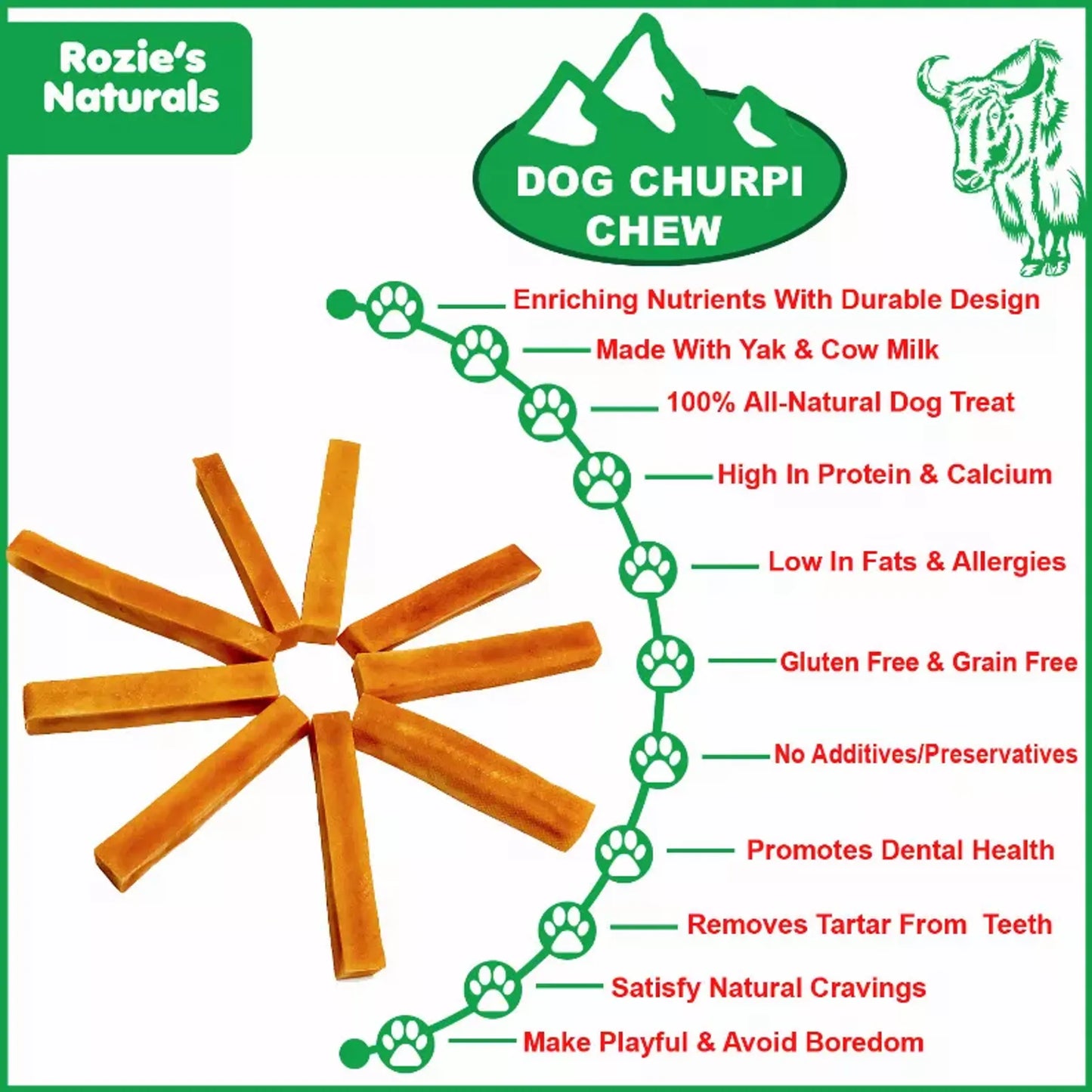 DOG CHURPI CHEW- 100% Natural, Himalayan Hard Yak Cheese Churpi Dog Chew Treats, Grain-Free, Gluten-Free, Dental Chews, 4 COUNT-15 oz - Your Pet Connection