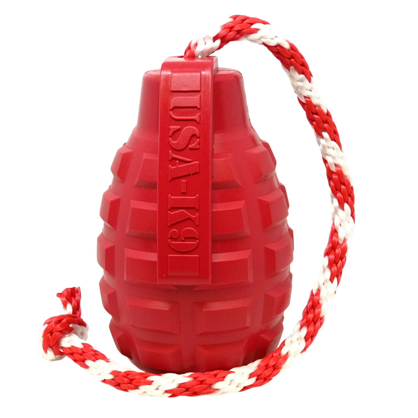 SodaPup grenade dog toy with rope treat dispenser