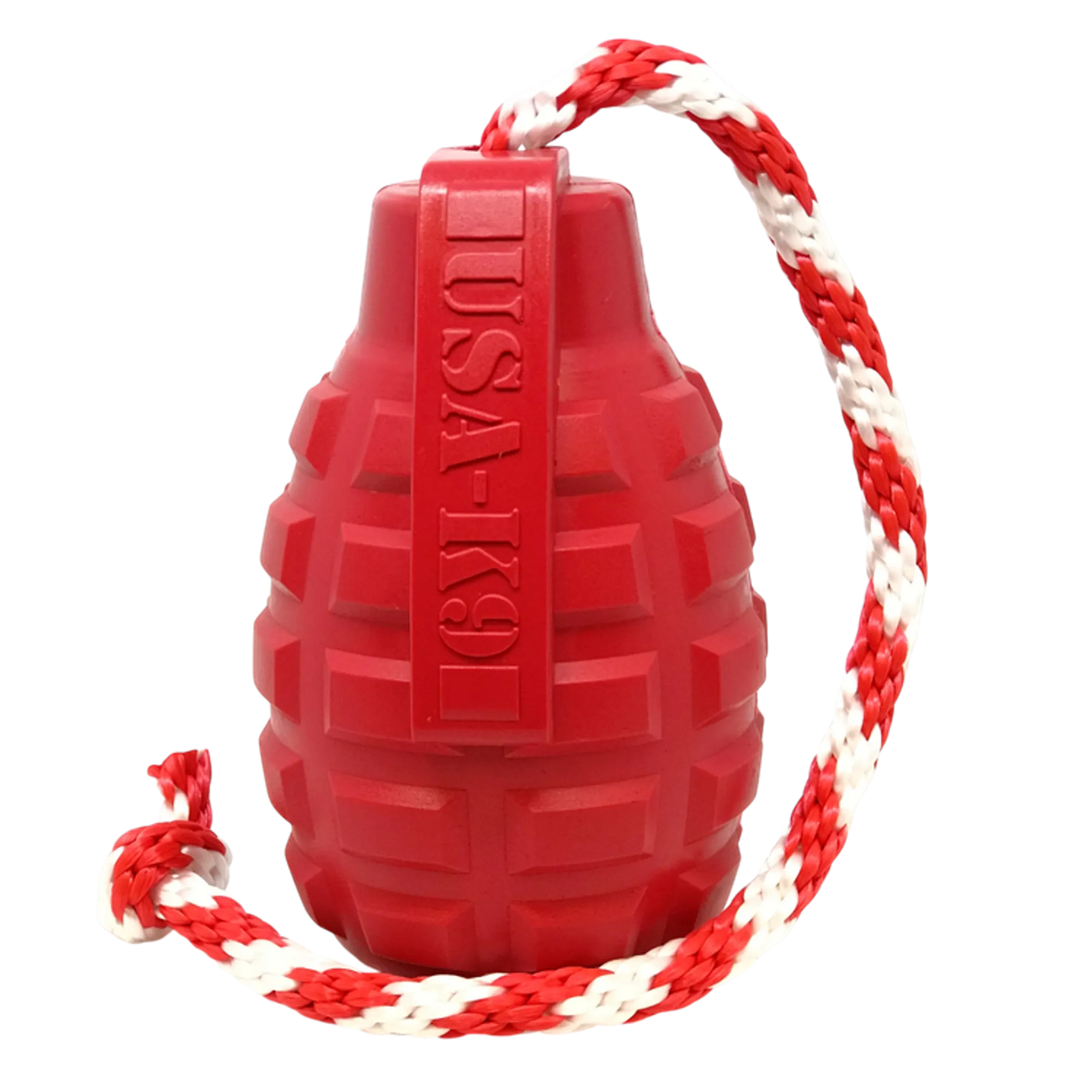 SodaPup grenade dog toy with rope treat dispenser