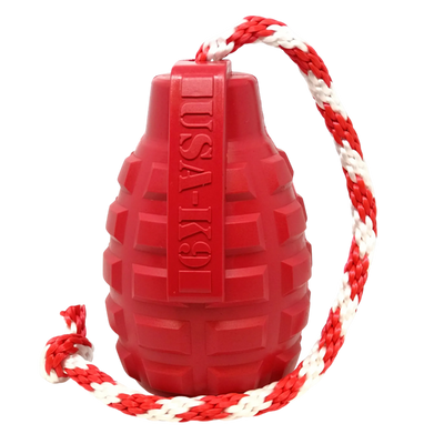 SodaPup grenade dog toy with rope treat dispenser