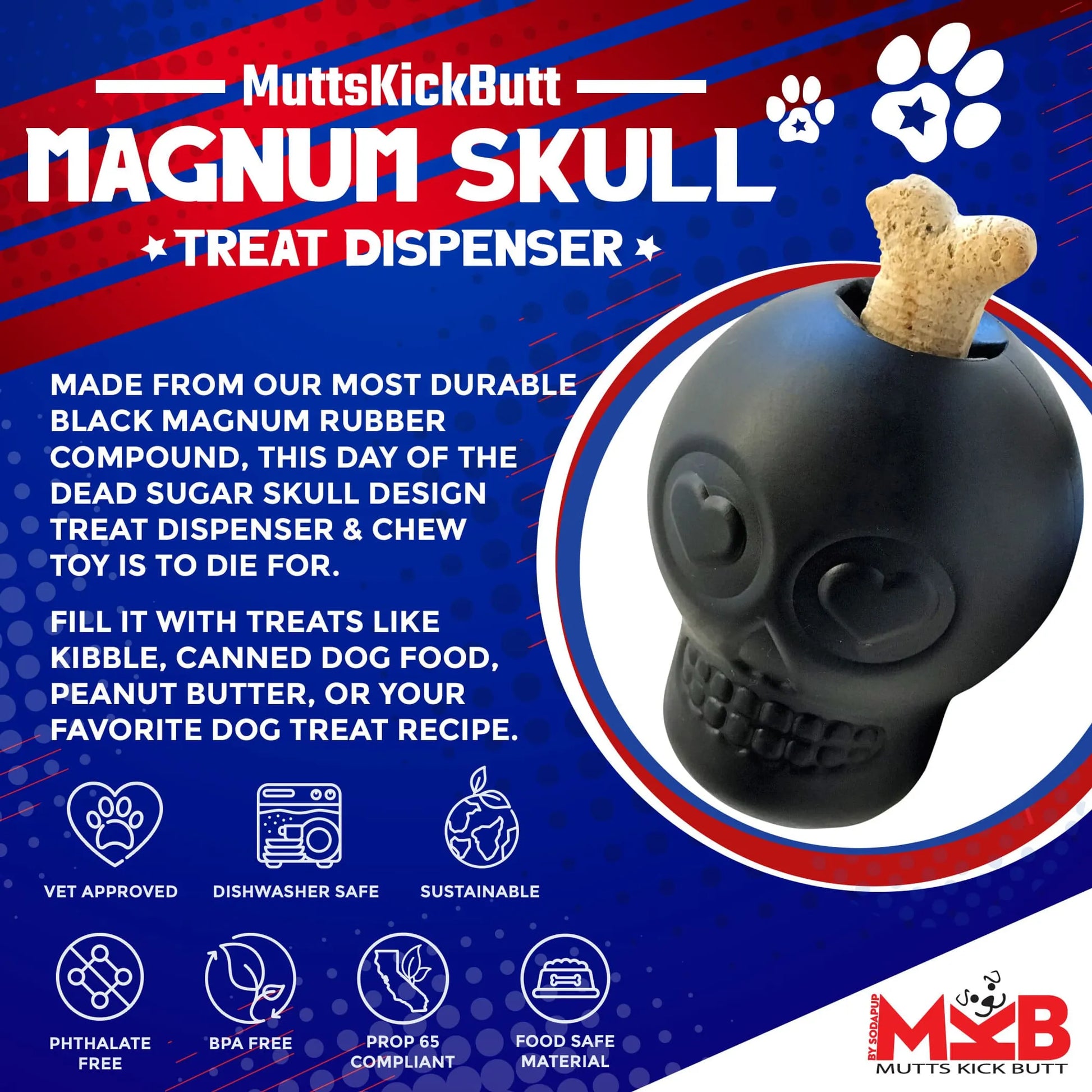 MKB Sugar Skull Durable Rubber Chew Toy & Treat Dispenser - Your Pet Connection
