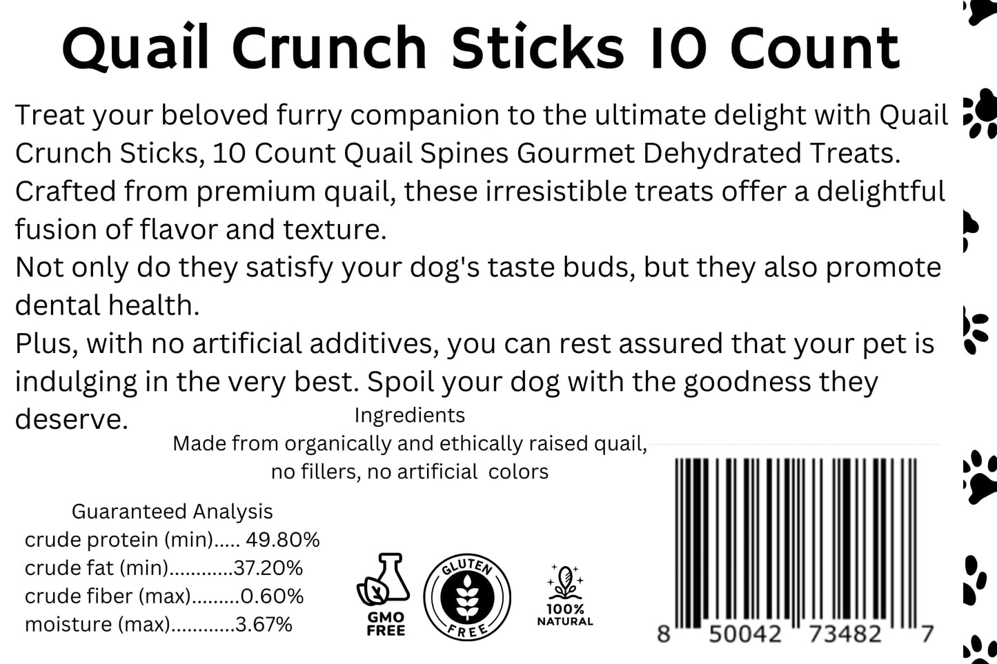 Quail Crunch Sticks Dog Treats, 10 Count Quail Spines Gourmet Dehydrated Healthy Dog Training Treats, Premium Flavors Promote Dental Health, No Artificial Additives for Happy Pets - Your Pet Connection