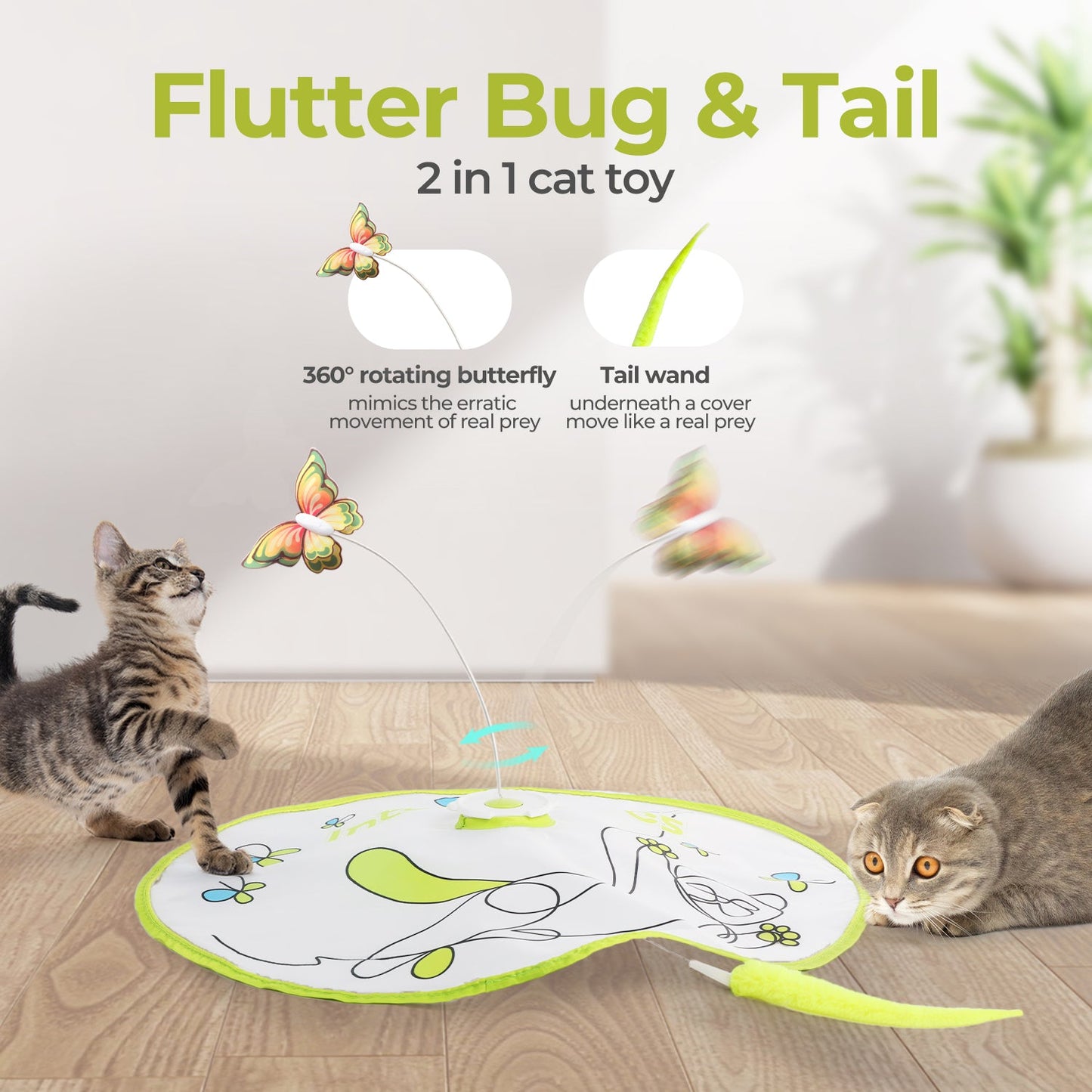 Interactive Flutter Bug Cat Toy with Motion-activated Hide-N-Seek