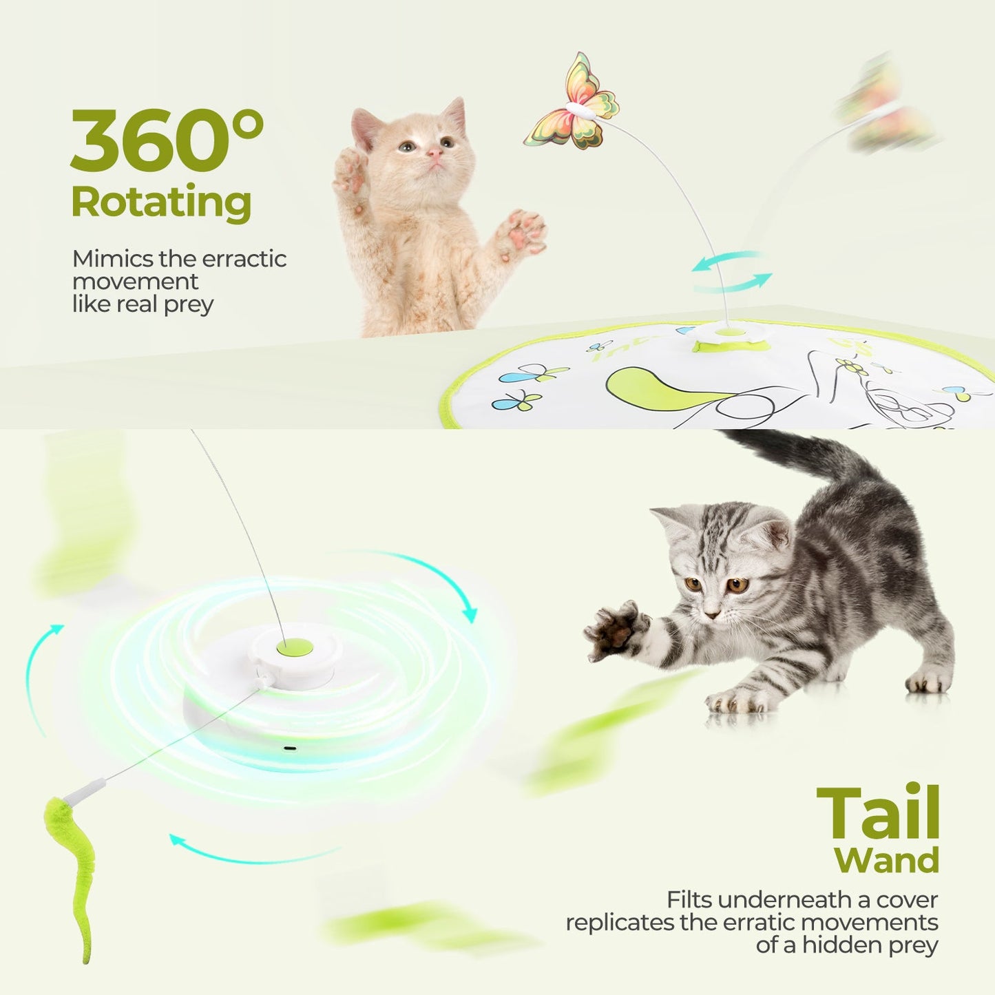Interactive Flutter Bug Cat Toy with Motion-activated Hide-N-Seek