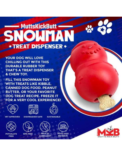 Red - MKB Snowman Durable Rubber Chew Toy & Treat Dispenser  - Large