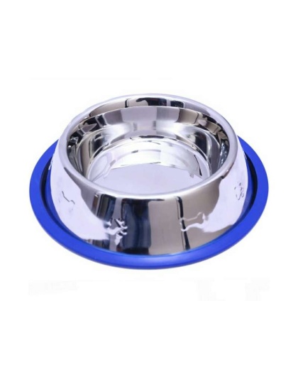 Etched Stainless Steel Dog Bowls with Blue Silicone Base