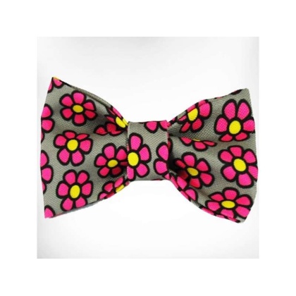 Pink Daisies on Grey - Flower Dog Bow Tie