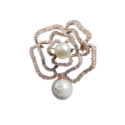 Crystal Camellia Flower Pearl Brooch