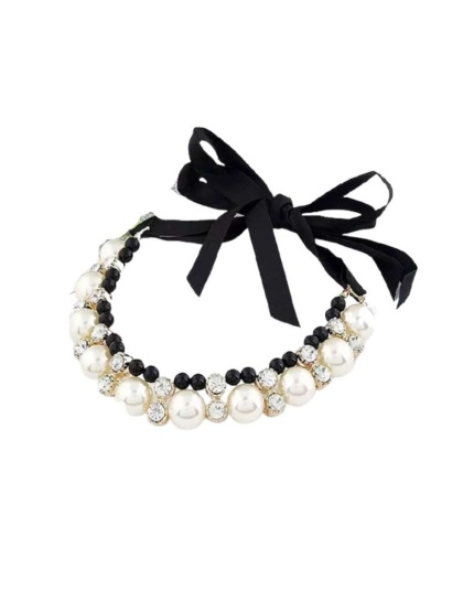 Black - Lovely Pearl Ribbon Necklace - Medium