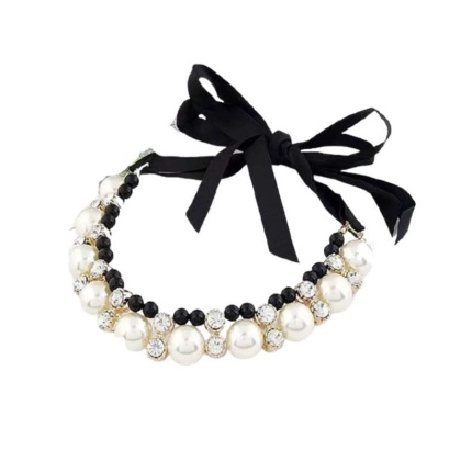 Black - Lovely Pearl Ribbon Necklace - Small