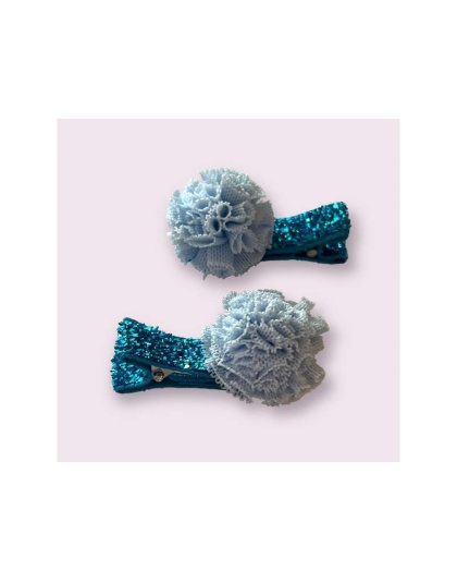 BLUE - Mini Tulle Pom Pom Dog Hair Barrettes