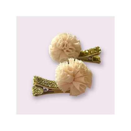 CREAM - Mini Tulle Pom Pom Dog Hair Barrettes