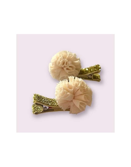 CREAM - Mini Tulle Pom Pom Dog Hair Barrettes