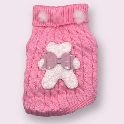 Terry Cloth Knit PomPom Bear Dog Sweater - XS