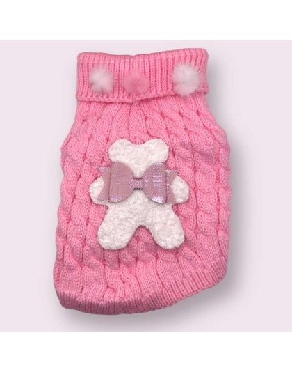 Terry Cloth Knit PomPom Bear Dog Sweater - XS