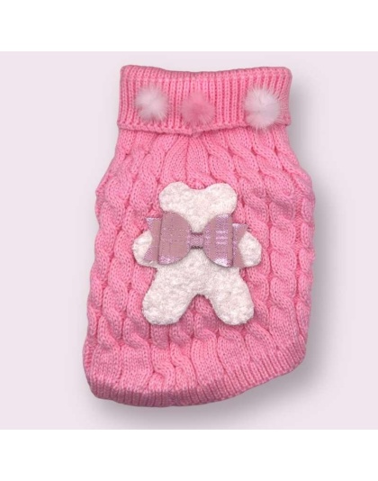 Terry Cloth Knit PomPom Bear Dog Sweater - XS