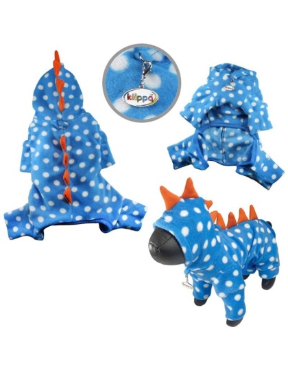 Blue - Polka Dots DINO Fleece Hooded Bodysuit/Pajamas - XS