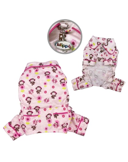 Pink - Girly Monkey Flannel Pajamas with 2 Pockets - XS