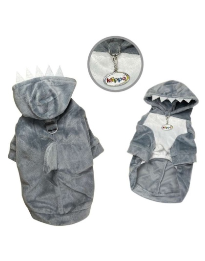 Gray - Ultra Plush Shark Hoodie with Fin & Teeth - L