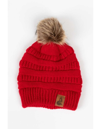 Scarlet Ribbed Beanie with Pom