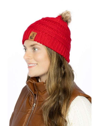 Scarlet Ribbed Beanie with Pom