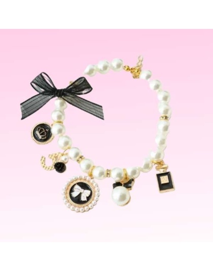 BLACK - Pearls and Bow Charm Necklace - Medium