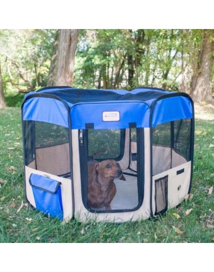 Armarkat Portable Pet Playpen In Blue and Beige Combo