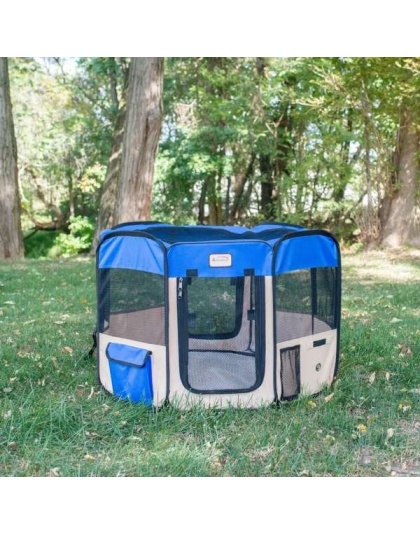 Armarkat Portable Pet Playpen In Blue and Beige Combo