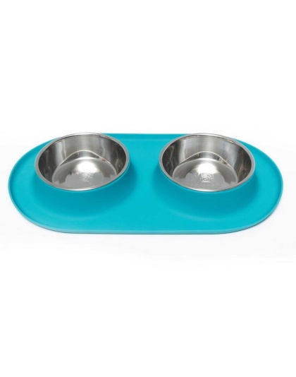 Blue - Messy Mutts Double Silicone Feeder with Stainless Bowls  - XL