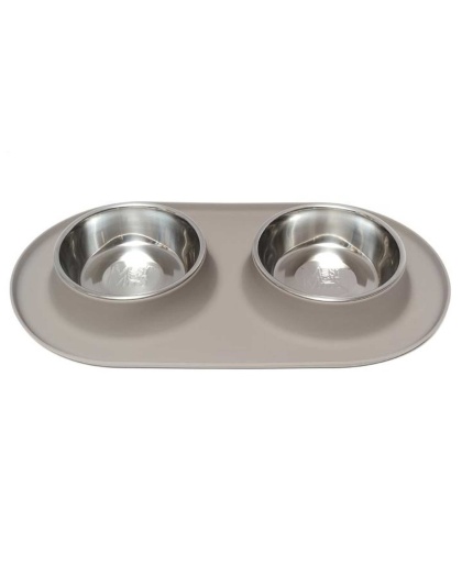 Grey - Messy Mutts Double Silicone Feeder with Stainless Bowls  - XL